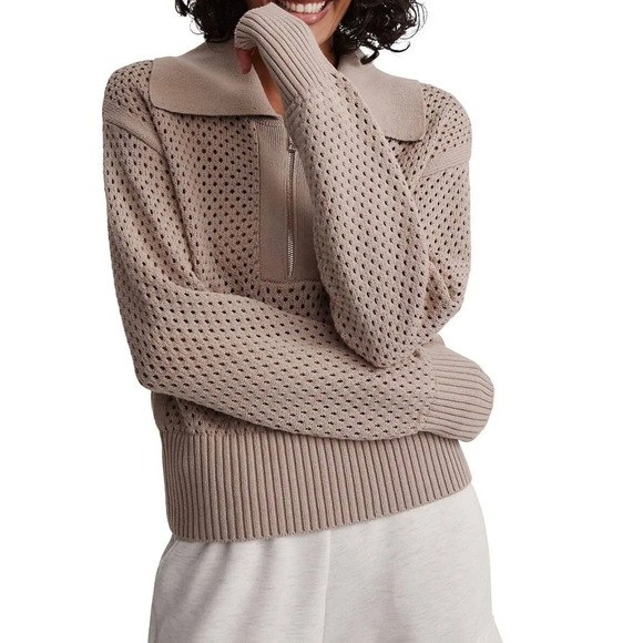 NWOT New VARLEY Lily Knit Polo Tan Perforated Quarter Zip Collared Sweater XS - Picture 13 of 13